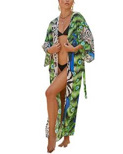 JDiction Damen Badeanzug Cover Up Sommer Bohemian Badeanzug Kimono Langes Strandkleid Blumenspitze Bikini Schwimmbekleidung von JDiction