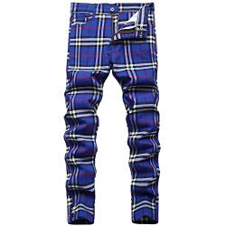 JE&NS Herren Stretch Slim Fit Flat-Front Casual Skinny Chino Plaid Kleid Hose, Blau-weißes Plaid, 56 von JE&NS