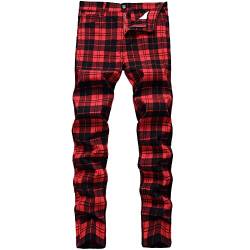 JE&NS Herren Stretch Slim Fit Flat-Front Casual Skinny Chino Plaid Kleid Hose, rotem Karo, 46 von JE&NS