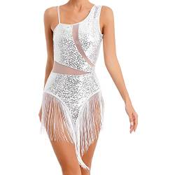 JEATHA Damen Ballettanzug Gymnastikanzug Pailletten Turnbody Ärmelloser Bodysuit Transparenter Mesh Patchwork Body mit Fransen Glitzer Tanzbody Leotard Quaste Ballettkleidung Weiß C L von JEATHA