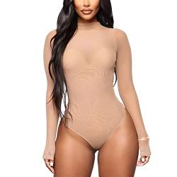 JEATHA Damen Body Durchsichtig Langarm Tüll-Bodysuit mit Halbkragen Bodysuit Overall Mesh Tops Romper Sexy Unterwäsche Nude S von JEATHA