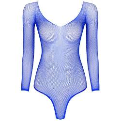 JEATHA Damen Fischnetz Bodysuit Strass Catsuit Transparent Stringbody Glänzend Netzbody Langarm Catsuit Mesh Strampler Erotik Dessous Reizwäsche Blau OneSize von JEATHA