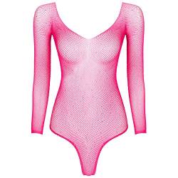 JEATHA Damen Fischnetz Bodysuit Strass Catsuit Transparent Stringbody Glänzend Netzbody Langarm Catsuit Mesh Strampler Erotik Dessous Reizwäsche Rosa OneSize von JEATHA