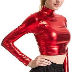 JEATHA Damen Glänzend Crop Top Langarmshirt Metallic Langarm Tanztop Kurz Sexy Oberteil Bauchfrei Bluse Tops Gold Silber Shirts Glitzer Blusenshirt Pullover Stehkragen Party Clubwear Rot L von JEATHA