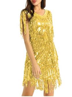 JEATHA Damen Glänzende Pailletten Kleider Mit Quaste V-Ausschnitt Tanzkleid Fransenkleid Samba Tango Latin Salsa ChaCha Kleid Quastenrock Wettbewerb Kostüme Gold M von JEATHA