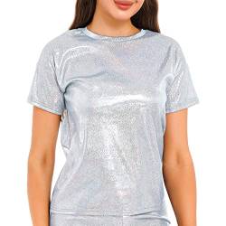 JEATHA Damen Glänzendes T-Shirt Metall Bluse Oberteil Kurzarm Sommer Tops Rundhals Hemd 70er 80er Disco Party Kostüm Glitzer Top Shirt B Silber L von JEATHA