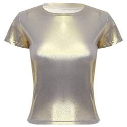 JEATHA Damen Glänzendes T-Shirt Metall Bluse Oberteil Kurzarm Sommer Tops Rundhals Hemd 70er 80er Disco Party Kostüm Glitzer Top Shirt Gold XXL von JEATHA