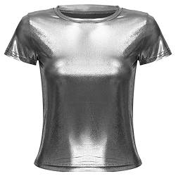 JEATHA Damen Glänzendes T-Shirt Metall Bluse Oberteil Kurzarm Sommer Tops Rundhals Hemd 70er 80er Disco Party Kostüm Glitzer Top Shirt Grau M von JEATHA