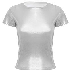 JEATHA Damen Glänzendes T-Shirt Metall Bluse Oberteil Kurzarm Sommer Tops Rundhals Hemd 70er 80er Disco Party Kostüm Glitzer Top Shirt Silber L von JEATHA