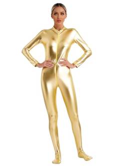 JEATHA Damen Metallic Jumpsuit Wetlook Bodysuit Overall Langarm Ganzkörper Trikot Body Strumpfhose Turnanzug mit Reisverschluss für Performance Clubwear Gold L von JEATHA