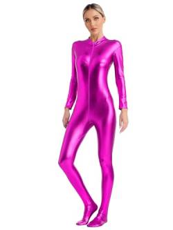 JEATHA Damen Metallic Jumpsuit Wetlook Bodysuit Overall Langarm Ganzkörper Trikot Body Strumpfhose Turnanzug mit Reisverschluss für Performance Clubwear Hot Pink M von JEATHA