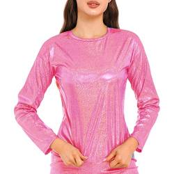 JEATHA Damen Metallic T-Shirt Langarm Bluse Oberteile Slim Fit Tops Glänzend Rundhals Oberteil Langarmshirt 70er 80er Disco Party Kostüm Hot Rosa L von JEATHA