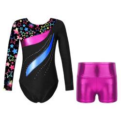 JEATHA Gymnastikanzug Mädchen Metallic Turnanzug Gymnastik Leotard Balletttrikot mit Shorts Langarm Turnbody Turntrikot für Gymnastik Fitness B Stern Schwarz 110-116 von JEATHA