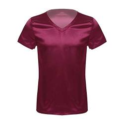 JEATHA Herren Kurzarm Satin T-Shirt V-Ausschnitt Unterhemd Seide Schlafshirt Lose Pyjamashrt Einteilig Schlafanzug Hausanzug Sleepwear Loungewear Burgundy L von JEATHA