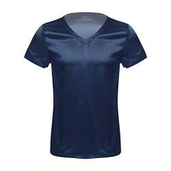 JEATHA Herren Kurzarm Satin T-Shirt V-Ausschnitt Unterhemd Seide Schlafshirt Lose Pyjamashrt Einteilig Schlafanzug Hausanzug Sleepwear Loungewear Dunkelblau XXL von JEATHA