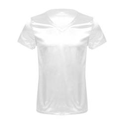 JEATHA Herren Kurzarm Satin T-Shirt V-Ausschnitt Unterhemd Seide Schlafshirt Lose Pyjamashrt Einteilig Schlafanzug Hausanzug Sleepwear Loungewear Weiß XXL von JEATHA