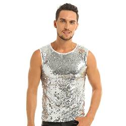 JEATHA Herren Pailletten Tank Top Ärmellos Rundhals T-Shirt Unterhemd Tanktop Glänzend Oberteil Slim Fit Muskelshirt Weste Partykleidung Disco Nachtclub Weiß M von JEATHA