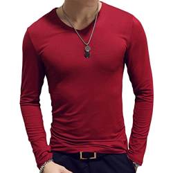 JEATHA Herren Thermo-Unterhemd Langarm Innenfleece T-Shirt Thermounterhemd V-Ausschnitt Freizeithemd Muskelshirt Thermounterwäsche Burgundy B XL von JEATHA