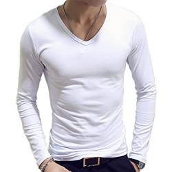 JEATHA Herren Thermo-Unterhemd Langarm Innenfleece T-Shirt Thermounterhemd V-Ausschnitt Freizeithemd Muskelshirt Thermounterwäsche Weiß B 3XL von JEATHA