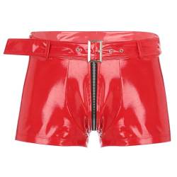 JEATHA Herren Wetlook Shorts Lackleder Boxershorts Unterhose mit Reißverschluss Latex Kurze Hose Briefs Männer Ledershorts Pants Hipster Erotik Dessous Gogo Clubwear C Rot M von JEATHA