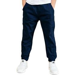 JEATHA Kinder Jogger Hose Jungen Cargohose Jogginghose Baumwolle Haremshose Sporthose Lang Pants Freizeithose Traininghose 3-12 Jahre Dunkelblau 134-140 von JEATHA