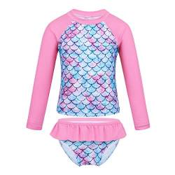 JEATHA Kinder Mädchen Badeanzug UV-Schutz Schwimmanzug Meerjungfrau Bademode Langarm Badeshirt + Badehose mit Rüschen Sommer Swimsuit Beachwear Rosa A 122-128 von JEATHA