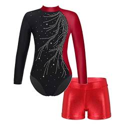 JEATHA Kinder Mädchen Gymnastikanzug Turnanzug Langarm Trikot Leotard mit Strass Ballettbody Tanz-Body mit Shorts Kurze Tanzhose für Ballett Dance Gym Workout Burgundy&Rot 158-164 von JEATHA