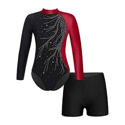 JEATHA Kinder Mädchen Gymnastikanzug Turnanzug Langarm Trikot Leotard mit Strass Ballettbody Tanz-Body mit Shorts Kurze Tanzhose für Ballett Dance Gym Workout G Burgundy 146-152 von JEATHA