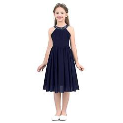 JEATHA Mädchen Chiffon Partykleid Prinzessin Kleid Neckholder Blumenmädchenkleider Abendkleid für Geburtstag Hochzeit Festzug Dunkelblau 134-140 von JEATHA