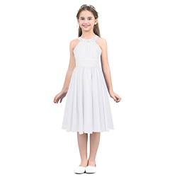 JEATHA Mädchen Chiffon Partykleid Prinzessin Kleid Neckholder Blumenmädchenkleider Abendkleid für Geburtstag Hochzeit Festzug Weiß 158-164 von JEATHA