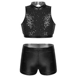 JEATHA Mädchen Glänzende Trainingsanzug Tanzanzug Zweiteiler Pailletten Crop Top Shorts Kurze Hosenanzug Jogginganzug für Jazz Tap Hip Hop Dancewear Schwarz 122-128 von JEATHA