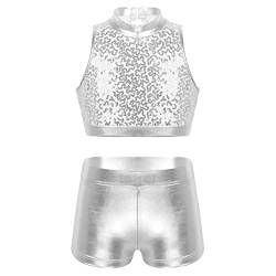 JEATHA Mädchen Glänzende Trainingsanzug Tanzanzug Zweiteiler Pailletten Crop Top Shorts Kurze Hosenanzug Jogginganzug für Jazz Tap Hip Hop Dancewear Silber 110-116 von JEATHA