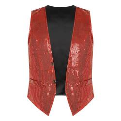 JEATHA Pailletten Weste Herren Damen Glitzer Anzugweste Tank Top ärmellos Disco Crop Top Jacke Herrenweste Faschingskostüm Party Karneval Kostüm Rot 3XL von JEATHA