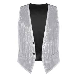 JEATHA Pailletten Weste Herren Damen Glitzer Anzugweste Tank Top ärmellos Disco Crop Top Jacke Herrenweste Faschingskostüm Party Karneval Kostüm Silber 3XL von JEATHA