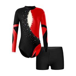 JEATHA Turnanzug Kinder Mädchen Gymnastikanzug Set Glänzende Tanzbody Ballettbody mit Strass und Shorts Gymnastik Trikot Leotards Tanzkleidung für Gymnastik Workout B Rot 122-128 von JEATHA