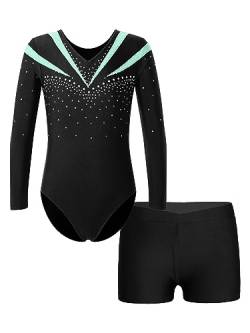 JEATHA Turnanzug Mädchen Gymnastikanzug Kinder Glänzende Strass Tanzbody Ballettbody mit Shorts Gymnastik Leotard Trikot Body Tanzkleidung Ballettanzug F Hellgrün 122-128 von JEATHA