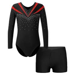 JEATHA Turnanzug Mädchen Gymnastikanzug Kinder Glänzende Strass Tanzbody Ballettbody mit Shorts Gymnastik Leotard Trikot Body Tanzkleidung Ballettanzug F Rot 110-116 von JEATHA