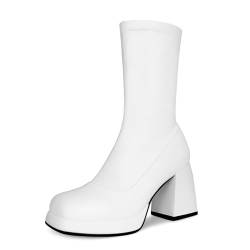 JEDKARAR Gogo-Stiefel für Damen, mit quadratischer Zehenpartie, seitlichem Reißverschluss und klobigem Absatz, frech und blendend, Mattweiß, 40.5 EU von JEDKARAR