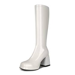 JEDKARAR Gogo-Stiefel für Damen, mit quadratischer Zehenpartie, seitlichem Reißverschluss und klobigem Absatz, frech und blendend, weiße Lacklederoptik, 40.5 EU von JEDKARAR