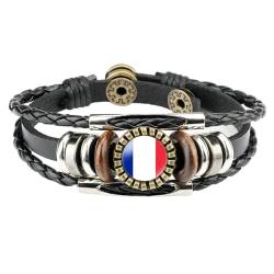 JEDTAKCT Frankreich Snap Leder-Flaggen-Armband – Time Gem Mehrschichtiges Geflochtenes Lederarmband, Damenmode, Personalisiertes Verstellbares Armband, Schmuck, Paargeschenke, Schwarz, Einheitsgröße von JEDTAKCT