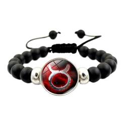 JEDTAKCT Rotes 12 Sternzeichen-Zeit-Edelstein-Armband – 12 Sternbilder, Schwarze Perlen, Verstellbares Kordelzug-Armband, Studenten-Paar-Geschenk, Personalisierter Armband-Schmuck, 金牛座, 17 Cm + 5 Cm von JEDTAKCT