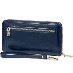 JEEBURYEE Geldbörse Damen Portemonnaie Groß Geldbeutel Lang Portmonee Elegant Clutch Leder Geldtasche Handgelenktasche mit Reißverschluss und RFID-Schutz für Frauen Blau von JEEBURYEE