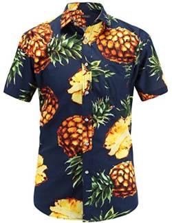 JEETOO Herren Ananas Shirts Hawaiian Style Hemd Drucken Urlaub Button Down Kurzarm Slim Fit Freizeit Hemd Sommer Casual in den Größen S-3XL(Navy,S) von JEETOO