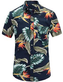 JEETOO Herren Sommer Regular Fit Kurzarm Shirts Segelschiff/Vogel/Blumen/Flamingos/Druck Freizeit Aloha Hawaii Hemd(Navy_3,XL) von JEETOO