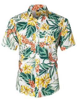 JEETOO Herren Sommer Regular Fit Kurzarm Shirts Segelschiff/Vogel/Blumen/Flamingos/Druck Freizeit Aloha Hawaii Hemd(Weiß Gelb,2XL) von JEETOO