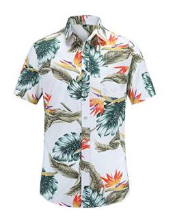 JEETOO Herren Sommer Regular Fit Kurzarm Shirts Segelschiff/Vogel/Blumen/Flamingos/Druck Freizeit Aloha Hawaii Hemd(Weiß454,2XL) von JEETOO