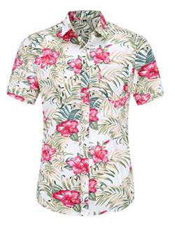 JEETOO Herren Sommer Regular Fit Kurzarm Shirts Segelschiff/Vogel/Blumen/Flamingos/Druck Freizeit Aloha Hawaii Hemd(Weiß772,3XL) von JEETOO