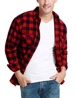 JEETOO Klassics Herren Slim Hemd Kariert Kentkragen Herbst/Winter Langarm Shirts Regular Fit Freizeit Karohemd Aus 100% Baumwolle(Rot - Gitter,M) von JEETOO