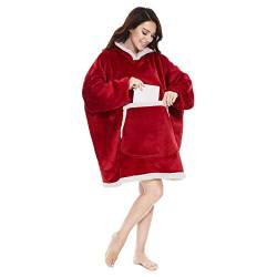 Hoodie Decke mit Ärmeln,Hoodie Decke Pullover Damen übergroße, Flauschig Hoodie Sweatshirt, Super Weiche gemütliche Warme Flanell Decken Hoodie,Riesige Fronttasche(Rot) von JEFFEL