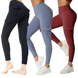 JEGGE Yoga-Leggings mit hoher Taille und 4 Taschen, Bauchkontrolle, Workout, Laufen, 4-Wege-Stretch, Cargo-Tasche, 3 Stück/Schwarz・blau・weinrot, XX-Large von JEGGE